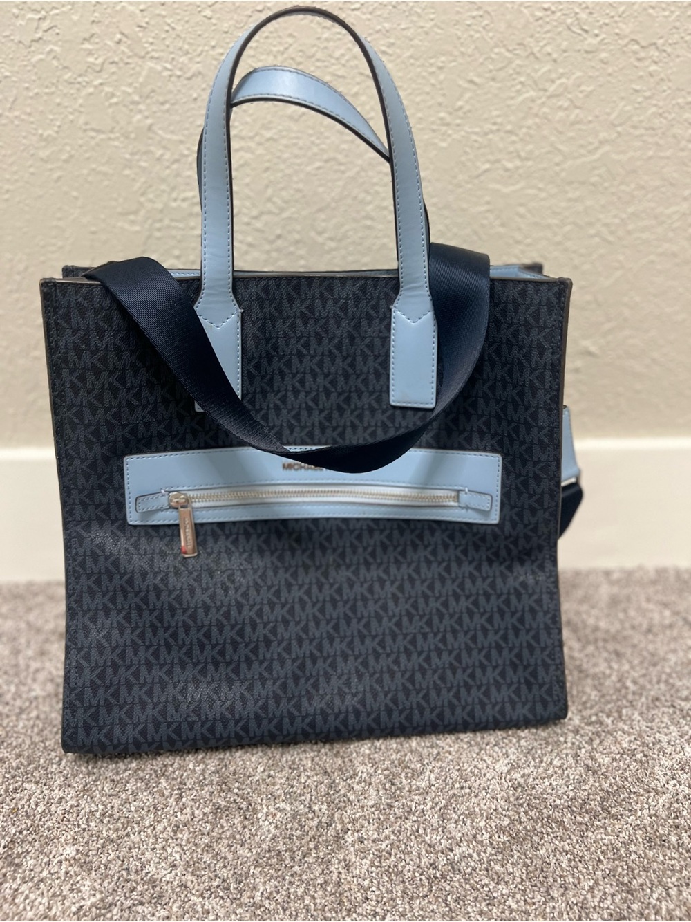 Michael Kors Black Logo Tote with Light Blue Trim and Strap
